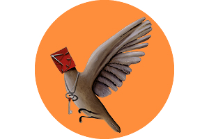 Silverpark Vogel mit Uhr und Schlüssel im René Magritte Stil orange